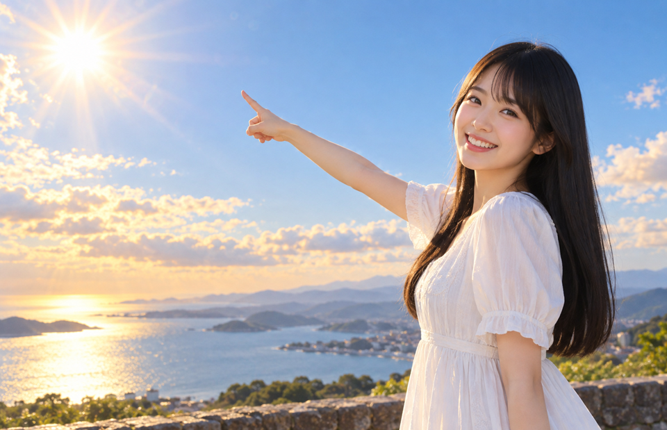 青空の下、笑顔の女性が太陽を指さしている、「明日へ！」のイメージ画像。
